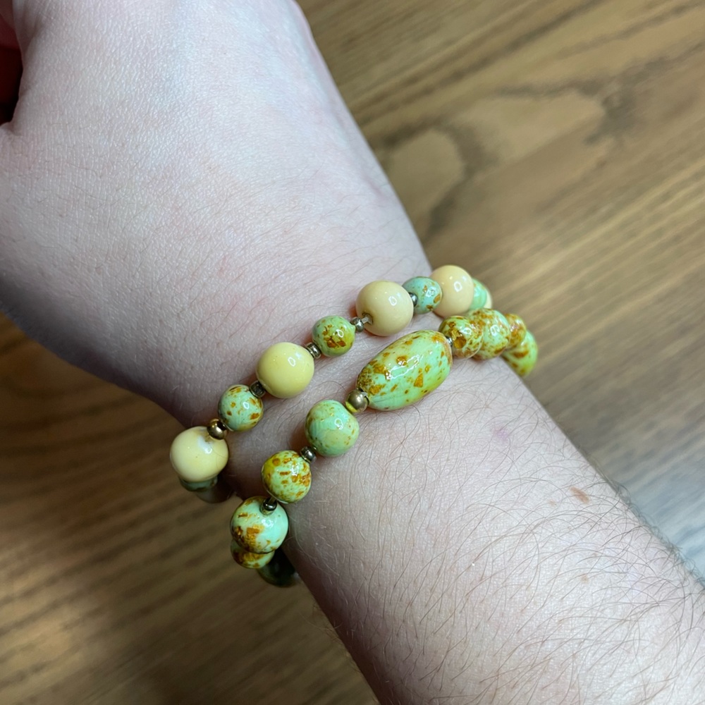Set of Two Hand-rolled Clay Beaded Bracelets - Mint Green and Off White - Picture 2 of 4